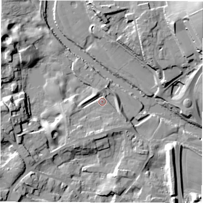 Shaded relief map of the ground around HG41JJ, computed from Environment Agency LiDAR. The ground here sits at about 23 m above sea level and falls 34 m across the surrounding 800 m. Surface water reaching this point runs off ground lying to the south-south-west, 6.7 m higher.