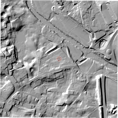 Shaded relief map of the ground around HG41JL, computed from Environment Agency LiDAR. The ground here sits at about 23 m above sea level and falls 33 m across the surrounding 800 m. Surface water reaching this point runs off ground lying to the south-west, 4.3 m higher.