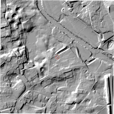 Shaded relief map of the ground around HG41JN, computed from Environment Agency LiDAR. The ground here sits at about 24 m above sea level and falls 25 m across the surrounding 800 m. Surface water reaching this point runs off ground lying to the south-south-west, 3.5 m higher.
