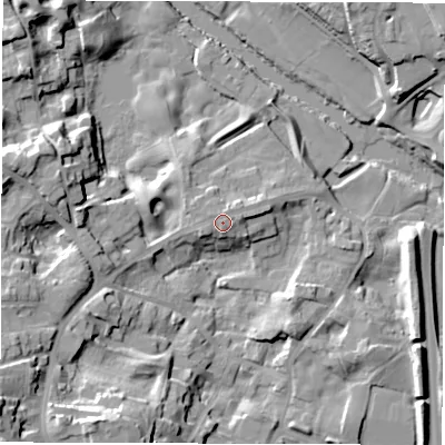 Shaded relief map of the ground around HG41JP, computed from Environment Agency LiDAR. The ground here sits at about 27 m above sea level and falls 27 m across the surrounding 800 m. Surface water reaching this point runs off ground lying to the north-east, 1.3 m higher.