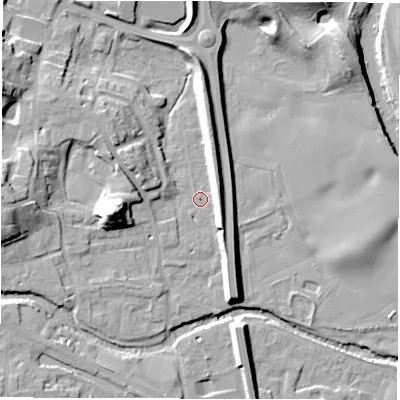 Shaded relief map of the ground around HG41JT, computed from Environment Agency LiDAR. The ground here sits at about 21 m above sea level and falls 21 m across the surrounding 800 m. Surface water reaching this point runs off ground lying to the east-south-east, 7.2 m higher.