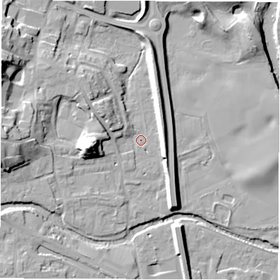 Shaded relief map of the ground around HG41JU, computed from Environment Agency LiDAR. The ground here sits at about 21 m above sea level and falls 24 m across the surrounding 800 m. Surface water reaching this point runs off ground lying to the north-west, 8.0 m higher.