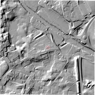 Shaded relief map of the ground around HG41JW, computed from Environment Agency LiDAR. The ground here sits at about 25 m above sea level and falls 35 m across the surrounding 800 m. Surface water reaching this point runs off ground lying to the south-south-west, 1.7 m higher.