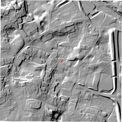 Shaded relief map of the ground around HG41JX, computed from Environment Agency LiDAR. The ground here sits at about 21 m above sea level and falls 26 m across the surrounding 800 m. Surface water reaching this point runs off ground lying to the south-west, 8.4 m higher.