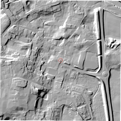 Shaded relief map of the ground around HG41LH, computed from Environment Agency LiDAR. The ground here sits at about 22 m above sea level and falls 24 m across the surrounding 800 m. Surface water reaching this point runs off ground lying to the west, 21.7 m higher.