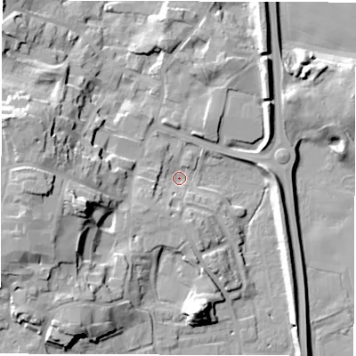 Shaded relief map of the ground around HG41LJ, computed from Environment Agency LiDAR. The ground here sits at about 20 m above sea level and falls 23 m across the surrounding 800 m. Surface water reaching this point runs off ground lying to the south-west, 9.8 m higher.