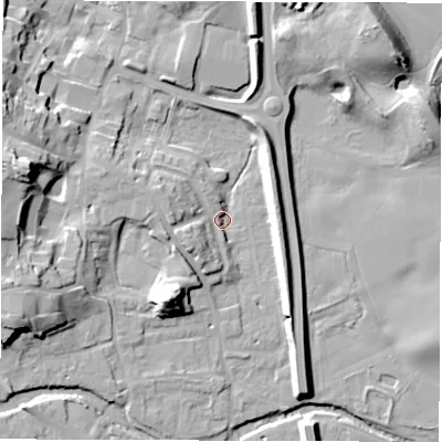 Shaded relief map of the ground around HG41LR, computed from Environment Agency LiDAR. The ground here sits at about 21 m above sea level and falls 23 m across the surrounding 800 m. Surface water reaching this point runs off ground lying to the south-west, 8.9 m higher.