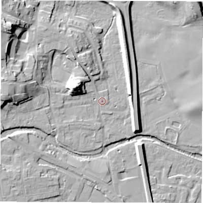 Shaded relief map of the ground around HG41LS, computed from Environment Agency LiDAR. The ground here sits at about 23 m above sea level and falls 24 m across the surrounding 800 m. Surface water reaching this point runs off ground lying to the north-west, 18.5 m higher.