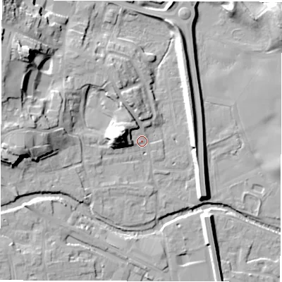 Shaded relief map of the ground around HG41LT, computed from Environment Agency LiDAR. The ground here sits at about 23 m above sea level and falls 22 m across the surrounding 800 m. Surface water reaching this point runs off ground lying to the west, 14.5 m higher.