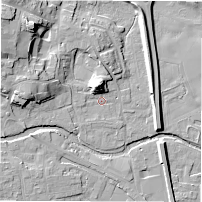 Shaded relief map of the ground around HG41LU, computed from Environment Agency LiDAR. The ground here sits at about 23 m above sea level and falls 22 m across the surrounding 800 m. Surface water reaching this point runs off ground lying to the north-west, 17.5 m higher.