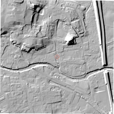Shaded relief map of the ground around HG41NA, computed from Environment Agency LiDAR. The ground here sits at about 24 m above sea level and falls 22 m across the surrounding 800 m. Surface water reaching this point runs off ground lying to the west-north-west, 11.9 m higher.