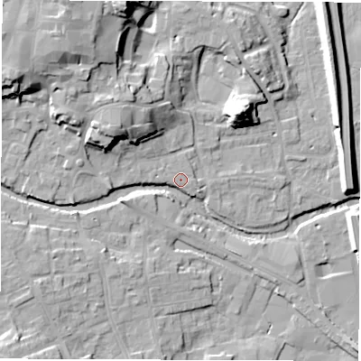 Shaded relief map of the ground around HG41NE, computed from Environment Agency LiDAR. The ground here sits at about 24 m above sea level and falls 22 m across the surrounding 800 m. Surface water reaching this point runs off ground lying to the north-west, 17.8 m higher.