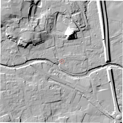 Shaded relief map of the ground around HG41NG, computed from Environment Agency LiDAR. The ground here sits at about 23 m above sea level and falls 22 m across the surrounding 800 m. Surface water reaching this point runs off ground lying to the north-west, 1.3 m higher.