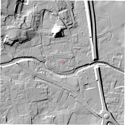 Shaded relief map of the ground around HG41NH, computed from Environment Agency LiDAR. The ground here sits at about 23 m above sea level and falls 20 m across the surrounding 800 m. Surface water reaching this point runs off ground lying to the north-west, 1.1 m higher.
