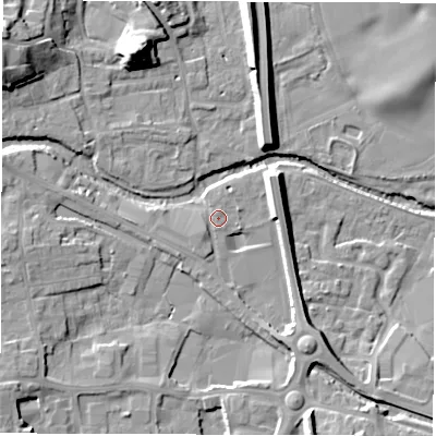 Shaded relief map of the ground around HG41NJ, computed from Environment Agency LiDAR. The ground here sits at about 22 m above sea level and falls 20 m across the surrounding 800 m. Surface water reaching this point runs off ground lying to the south-west, 1.3 m higher.