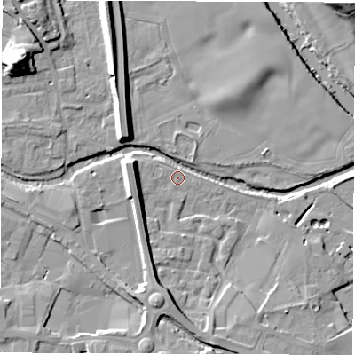 Shaded relief map of the ground around HG41NL, computed from Environment Agency LiDAR. The ground here sits at about 21 m above sea level and falls 21 m across the surrounding 800 m. Surface water reaching this point runs off ground lying to the south, 9.5 m higher.