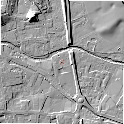 Shaded relief map of the ground around HG41NN, computed from Environment Agency LiDAR. The ground here sits at about 22 m above sea level and falls 21 m across the surrounding 800 m. Surface water reaching this point runs off ground lying to the north-east, 7.2 m higher.