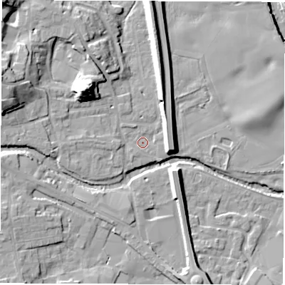 Shaded relief map of the ground around HG41NP, computed from Environment Agency LiDAR. The ground here sits at about 22 m above sea level and falls 21 m across the surrounding 800 m. Surface water reaching this point runs off ground lying to the north-west, 16.3 m higher.
