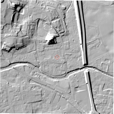 Shaded relief map of the ground around HG41NQ, computed from Environment Agency LiDAR. The ground here sits at about 23 m above sea level and falls 22 m across the surrounding 800 m. Surface water reaching this point runs off ground lying to the west-south-west, 1.2 m higher.