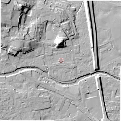 Shaded relief map of the ground around HG41NS, computed from Environment Agency LiDAR. The ground here sits at about 23 m above sea level and falls 22 m across the surrounding 800 m. Surface water reaching this point runs off ground lying to the west-north-west, 12.4 m higher.