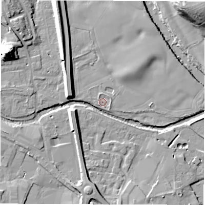 Shaded relief map of the ground around HG41NW, computed from Environment Agency LiDAR. The ground here sits at about 21 m above sea level and falls 21 m across the surrounding 800 m. Surface water reaching this point runs off ground lying to the west-south-west, 1.0 m higher.