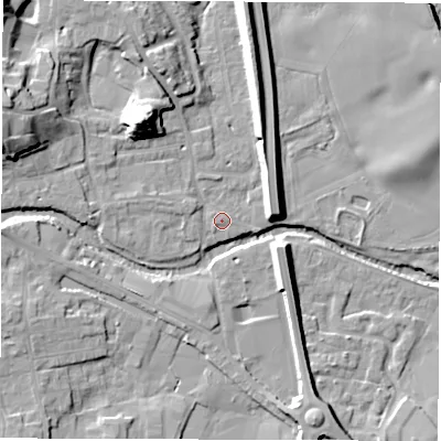 Shaded relief map of the ground around HG41NX, computed from Environment Agency LiDAR. The ground here sits at about 22 m above sea level and falls 21 m across the surrounding 800 m. Surface water reaching this point runs off ground lying to the west, 1.0 m higher.