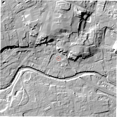 Shaded relief map of the ground around HG41PF, computed from Environment Agency LiDAR. The ground here sits at about 27 m above sea level and falls 22 m across the surrounding 800 m. Surface water reaching this point runs off ground lying to the north, 13.7 m higher.