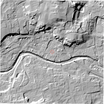 Shaded relief map of the ground around HG41PH, computed from Environment Agency LiDAR. The ground here sits at about 26 m above sea level and falls 20 m across the surrounding 800 m. Surface water reaching this point runs off ground lying to the north, 14.0 m higher.