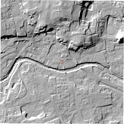 Shaded relief map of the ground around HG41PJ, computed from Environment Agency LiDAR. The ground here sits at about 26 m above sea level and falls 20 m across the surrounding 800 m. Surface water reaching this point runs off ground lying to the north, 14.4 m higher.