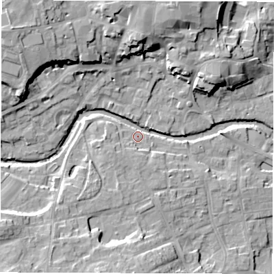 Shaded relief map of the ground around HG41PS, computed from Environment Agency LiDAR. The ground here sits at about 26 m above sea level and falls 20 m across the surrounding 800 m. Surface water reaching this point runs off ground lying to the north-west, 17.7 m higher.