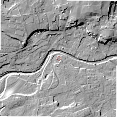 Shaded relief map of the ground around HG41PT, computed from Environment Agency LiDAR. The ground here sits at about 28 m above sea level and falls 20 m across the surrounding 800 m. Surface water reaching this point runs off ground lying to the south-south-west, 5.0 m higher.