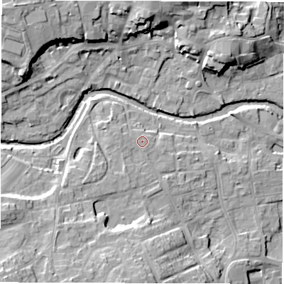 Shaded relief map of the ground around HG41PU, computed from Environment Agency LiDAR. The ground here sits at about 28 m above sea level and falls 20 m across the surrounding 800 m. Surface water reaching this point runs off ground lying to the west, 0.7 m higher.