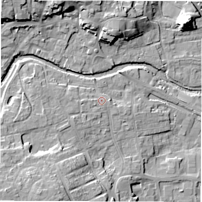Shaded relief map of the ground around HG41QD, computed from Environment Agency LiDAR. The ground here sits at about 26 m above sea level and falls 18 m across the surrounding 800 m. Surface water reaching this point runs off ground lying to the west-south-west, 3.8 m higher.