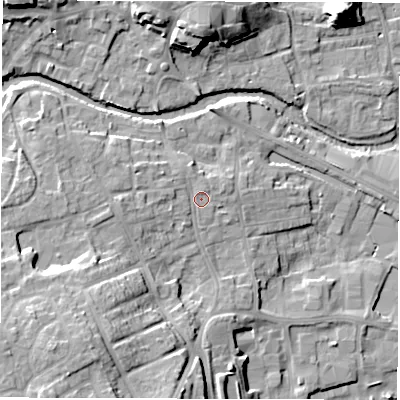 Shaded relief map of the ground around HG41QE, computed from Environment Agency LiDAR. The ground here sits at about 26 m above sea level and falls 18 m across the surrounding 800 m. Surface water reaching this point runs off ground lying to the west, 4.4 m higher.