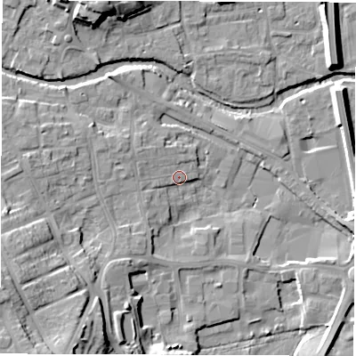 Shaded relief map of the ground around HG41QH, computed from Environment Agency LiDAR. The ground here sits at about 24 m above sea level and falls 19 m across the surrounding 800 m. Surface water reaching this point runs off ground lying to the south-west, 16.4 m higher.