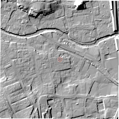 Shaded relief map of the ground around HG41QJ, computed from Environment Agency LiDAR. The ground here sits at about 24 m above sea level and falls 19 m across the surrounding 800 m. Surface water reaching this point runs off ground lying to the west, 1.8 m higher.
