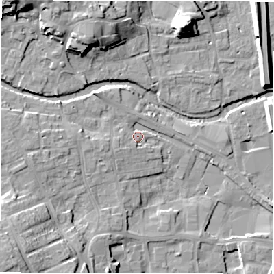 Shaded relief map of the ground around HG41QN, computed from Environment Agency LiDAR. The ground here sits at about 24 m above sea level and falls 20 m across the surrounding 800 m. Surface water reaching this point runs off ground lying to the west, 6.6 m higher.