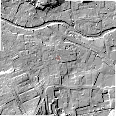 Shaded relief map of the ground around HG41QQ, computed from Environment Agency LiDAR. The ground here sits at about 25 m above sea level and falls 19 m across the surrounding 800 m. Surface water reaching this point runs off ground lying to the north-west, 2.2 m higher.