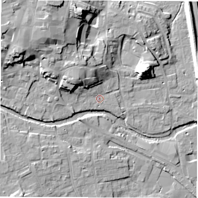 Shaded relief map of the ground around HG41QR, computed from Environment Agency LiDAR. The ground here sits at about 24 m above sea level and falls 22 m across the surrounding 800 m. Surface water reaching this point runs off ground lying to the north-west, 11.2 m higher.