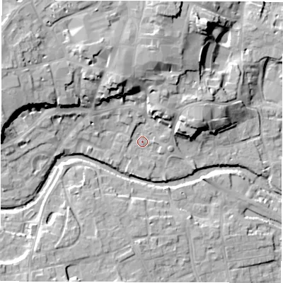 Shaded relief map of the ground around HG41QU, computed from Environment Agency LiDAR. The ground here sits at about 26 m above sea level and falls 20 m across the surrounding 800 m. Surface water reaching this point runs off ground lying to the north, 14.0 m higher.