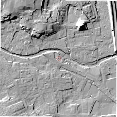 Shaded relief map of the ground around HG41QW, computed from Environment Agency LiDAR. The ground here sits at about 24 m above sea level and falls 21 m across the surrounding 800 m. Surface water reaching this point runs off ground lying to the west-north-west, 2.0 m higher.