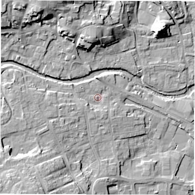 Shaded relief map of the ground around HG41QX, computed from Environment Agency LiDAR. The ground here sits at about 25 m above sea level and falls 20 m across the surrounding 800 m. Surface water reaching this point runs off ground lying to the west-south-west, 5.9 m higher.