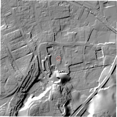 Shaded relief map of the ground around HG41QY, computed from Environment Agency LiDAR. The ground here sits at about 23 m above sea level and falls 19 m across the surrounding 800 m. Surface water reaching this point runs off ground lying to the south-south-west, 17.8 m higher.