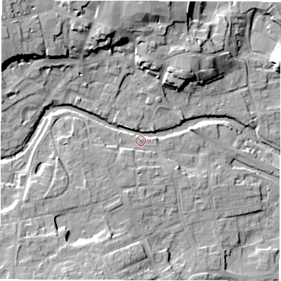 Shaded relief map of the ground around HG41RA, computed from Environment Agency LiDAR. The ground here sits at about 26 m above sea level and falls 19 m across the surrounding 800 m. Surface water reaching this point runs off ground lying to the north-north-west, 16.1 m higher.