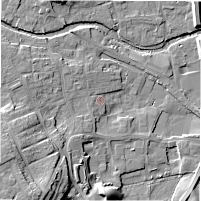 Shaded relief map of the ground around HG41SJ, computed from Environment Agency LiDAR. The ground here sits at about 24 m above sea level and falls 19 m across the surrounding 800 m. Surface water reaching this point runs off ground lying to the south-south-west, 15.0 m higher.