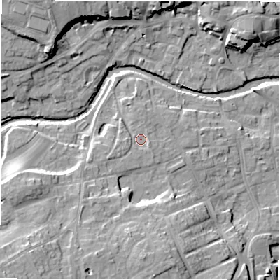 Shaded relief map of the ground around HG41SN, computed from Environment Agency LiDAR. The ground here sits at about 29 m above sea level and falls 20 m across the surrounding 800 m. Surface water reaching this point runs off ground lying to the west-south-west, 2.3 m higher.