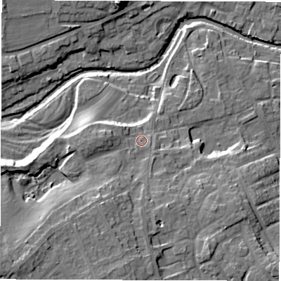 Shaded relief map of the ground around HG41SR, computed from Environment Agency LiDAR. The ground here sits at about 33 m above sea level and falls 21 m across the surrounding 800 m. Surface water reaching this point runs off ground lying to the south-west, 8.5 m higher.