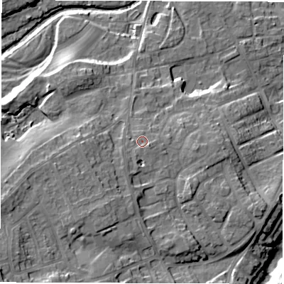 Shaded relief map of the ground around HG41ST, computed from Environment Agency LiDAR. The ground here sits at about 36 m above sea level and falls 20 m across the surrounding 800 m. Surface water reaching this point runs off ground lying to the south-south-west, 2.5 m higher.