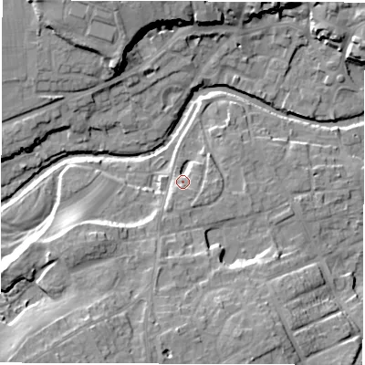 Shaded relief map of the ground around HG41SW, computed from Environment Agency LiDAR. The ground here sits at about 29 m above sea level and falls 18 m across the surrounding 800 m. Surface water reaching this point runs off ground lying to the south-south-east, 4.1 m higher.