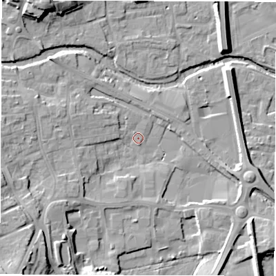 Shaded relief map of the ground around HG41TL, computed from Environment Agency LiDAR. The ground here sits at about 22 m above sea level and falls 19 m across the surrounding 800 m. Surface water reaching this point runs off ground lying to the south-west, 14.8 m higher.